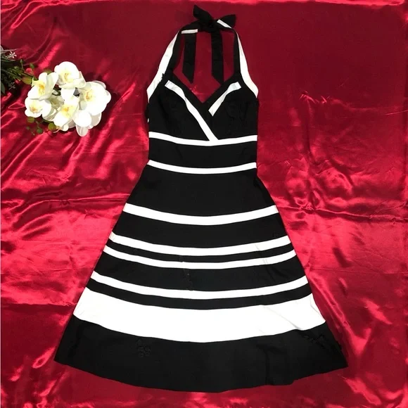 White House Black Market (WHBM) Black & White Stripped Halter Knee Length Dress - Picture 3 of 16
